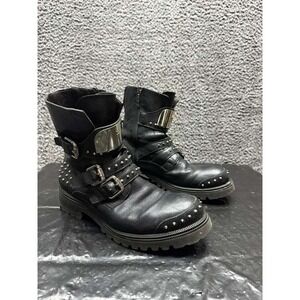 Cesare Paciotti Studded Leather Buckle Biker Boots Black Mens Size 8 US